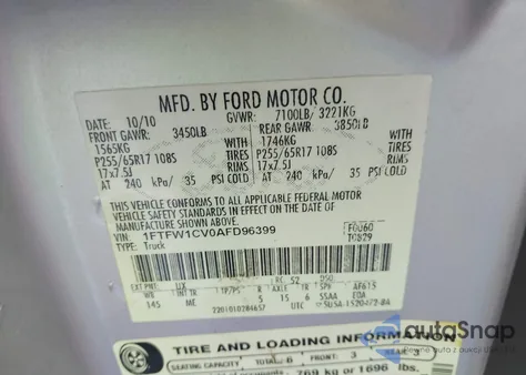 2010 Ford F-150 Fx2 Sport/Harley-Davidson/King Ranch/Lariat/Platinum/Xl/Xlt from USA, damaged, VIN 1FTFW1CV0AFD96399